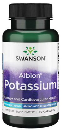 Thumbnail for Bottle of Swanson Albion Chelated Potassium Glycinate 99 mg 90 Capsules supplement, marketed for energy and cardiovascular health, including blood pressure support.