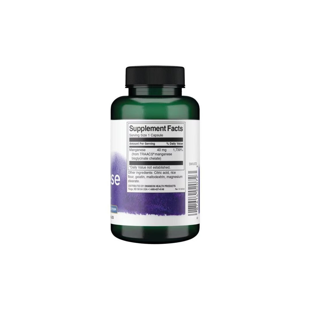 A green bottle of dietary supplements with a label displaying nutrition facts and ingredient information on the back, featuring Albion amino acid chelate for enhanced absorption and offering bone and joint support. The product is Albion Manganese 40 mg 180 Capsules by Swanson.