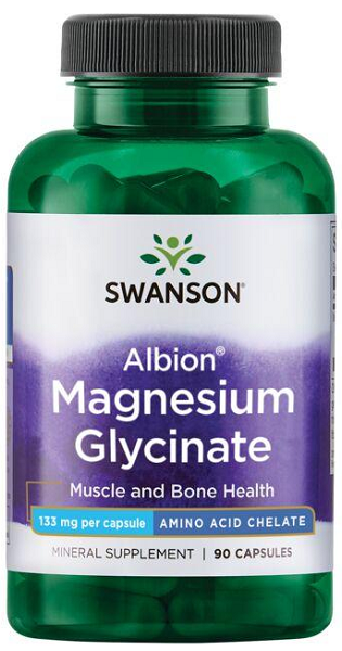 A bottle of Swanson Albion Chelated Magnesium Glycinate containing 90 capsules for muscle health and sleep aid.