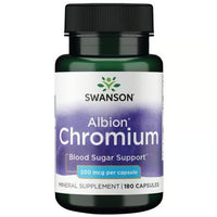 Thumbnail for A bottle of Swanson Albion Chromium dietary supplement contains 180 capsules with 200 mcg per capsule, offering chromium picolinate for blood sugar support and weight loss.