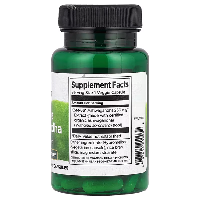 A green bottle of Swanson's Ashwagandha - KSM-66, 250 mg with 60 vegetarian capsules, features a label showing supplement facts and dosage information.