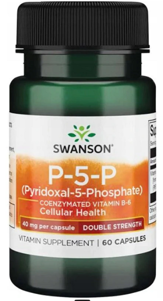 Eine Flasche Swanson P-5-P Pyridoxal-5-Phosphat Doppelte Stärke - 40 mg 60 Kapseln Ergänzungsmittel für die kardiovaskuläre Gesundheit.