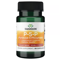 Thumbnail for A bottle of Swanson's P-5-P (Pyridoxal-5-Phosphate) Double Strength supplement contains 60 capsules with 40 mg each for cellular and cardiovascular health.