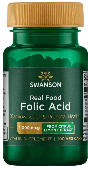Eine Flasche Swanson Real Food Folic Acid - 1000 mcg 100 Veggie-Kapseln.