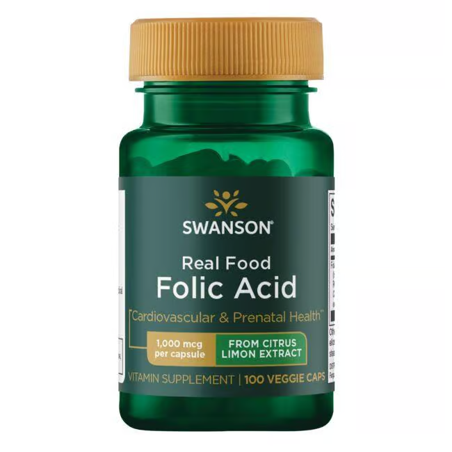 Swanson's Folic Acid supplement offers 1000 mcg of Vitamin B9 per capsule from citrus limon extract. It provides essential support for prenatal and cardiovascular health with 100 veggie capsules included.