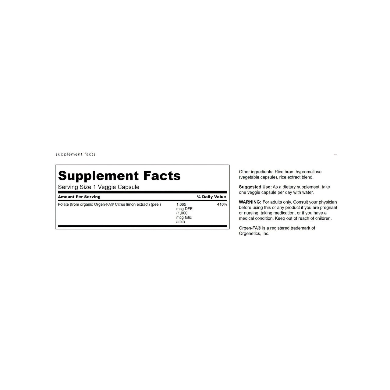 Ein Etikett für Swanson Folsäure - 1000 mcg 100 Veggie-Kapseln Real Food supplement.