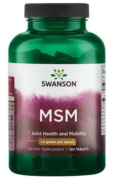 Eine Flasche Swanson MSM - 1.500 mg 120 Tabletten, bekannt für seine Vorteile für die Gelenkgesundheit und die Unterstützung der Kollagenstruktur. Mit seinen starken entzündungshemmenden Eigenschaften ist dieses Ergänzungsmittel ein Muss für das allgemeine Wohlbefinden.