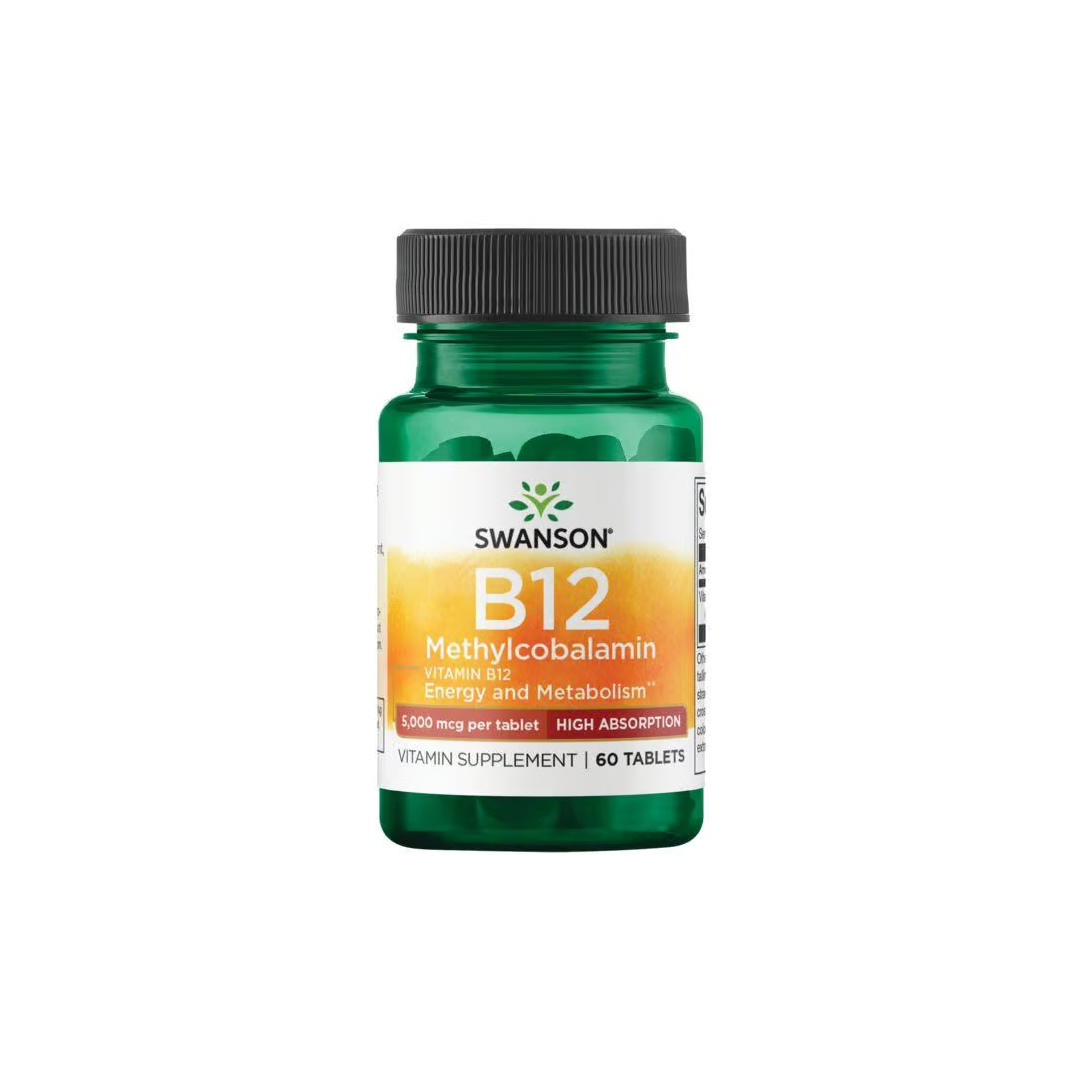 Swanson's Vitamin B-12 Methylcobalamin, green bottle with 60 tablets, delivers 5000 mcg each for energy and metabolism support.