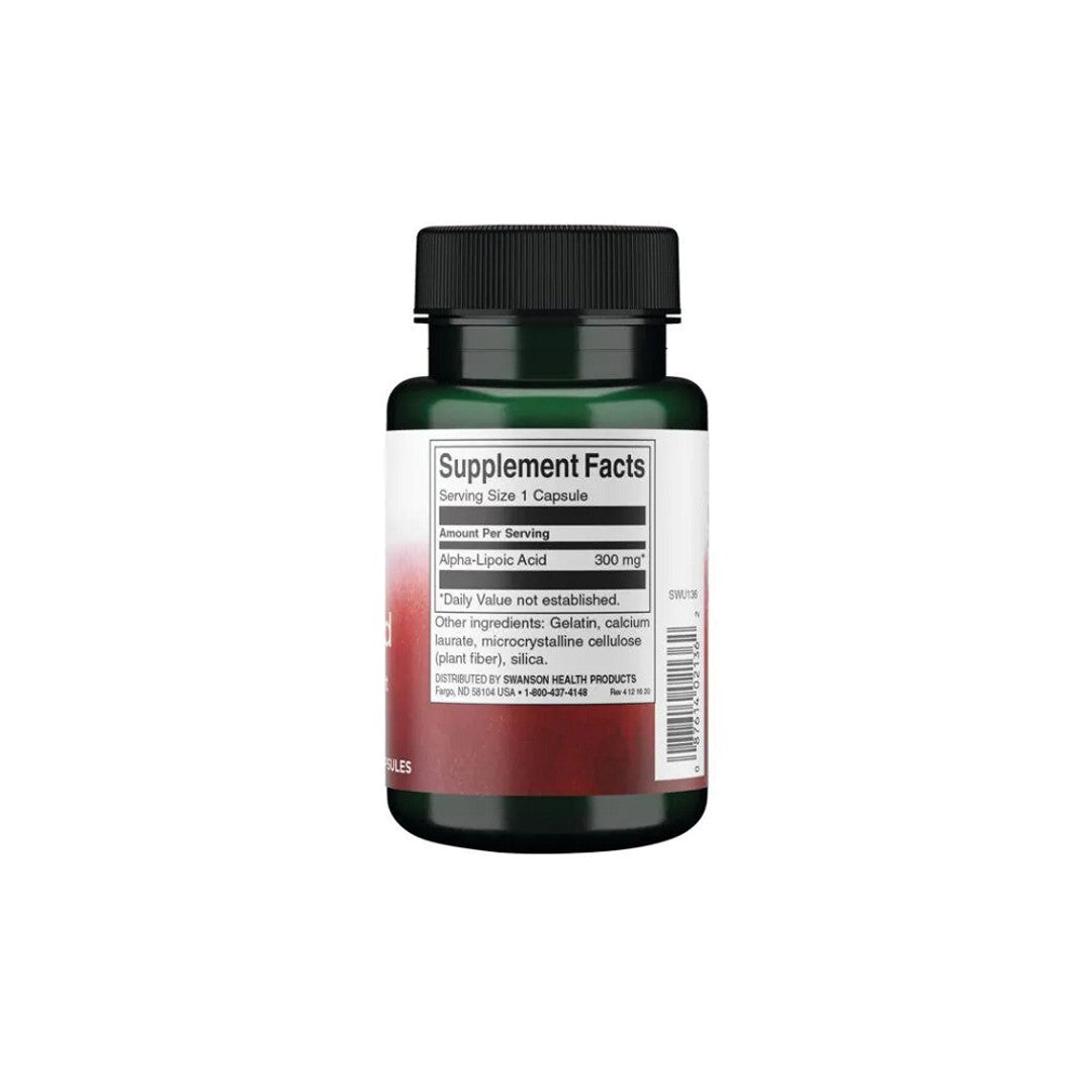 Die Rückseite einer Flasche von Alpha-Liponsäure - 300 mg 60 Kapseln von Swanson.