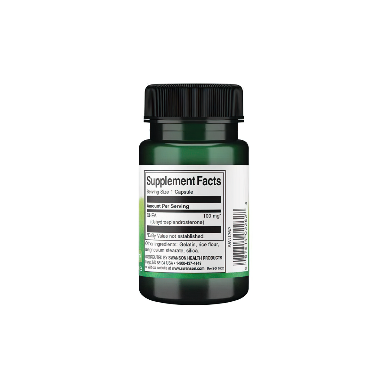 Eine Flasche Swanson DHEA - 100 mg 60 Kapseln Ergänzung auf einem weißen Hintergrund.