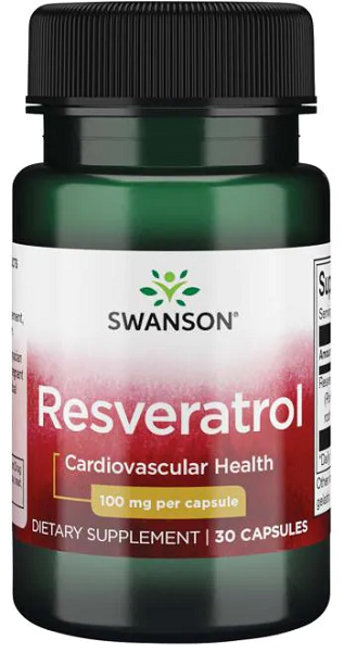 Eine Flasche Swanson's Resveratrol - 100 mg 30 Kapseln, die antioxidativen Schutz für die Langlebigkeit der Zellen bieten.