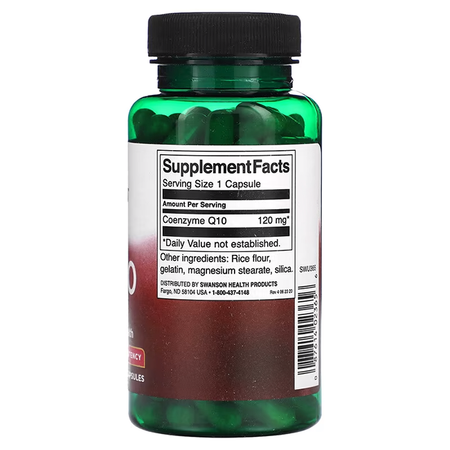 Swanson's Coenzyme Q10 120 mg, in a green bottle, features supplement facts that emphasize its role in energy production and cardiovascular health. Each capsule includes Coenzyme Q10 and additional ingredients like rice flour, gelatin, magnesium stearate, and silica.