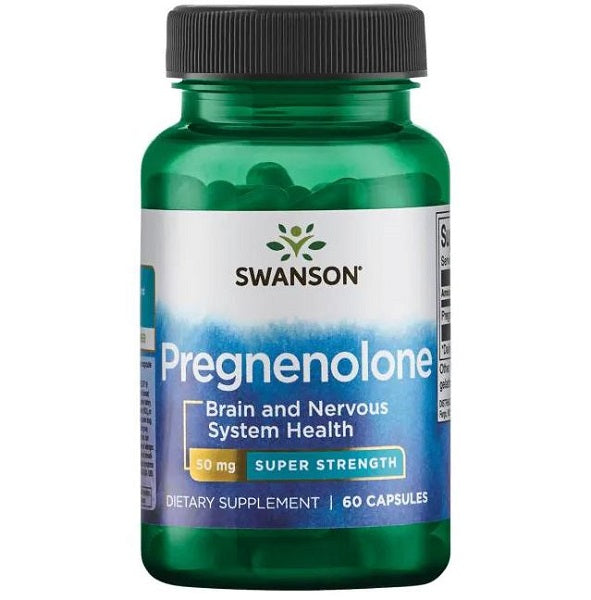 Eine Flasche Swanson Pregnenolon - 50 mg 60 Kapseln, eine Hormonvorstufe, die bekanntermaßen die Gehirnfunktion unterstützt.