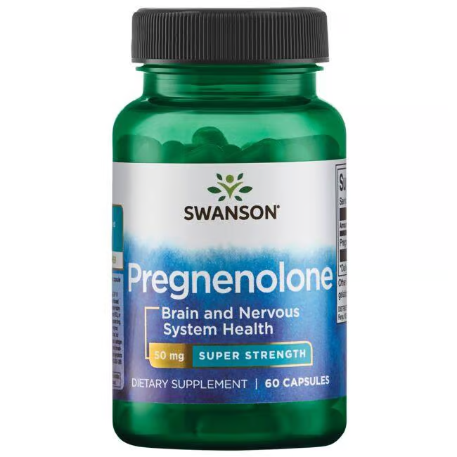 The Swanson Pregnenolone 50 mg Super Strength supplement comes in a green bottle containing 60 capsules, designed to support brain and nervous system health.