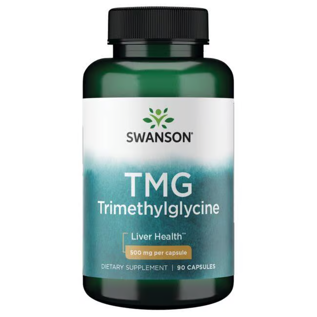 Green bottle of Swanson TMG Trimethylglycine, labeled for liver health, offers 500 mg per capsule to support liver detoxification and cardiovascular health. Contains 90 capsules.