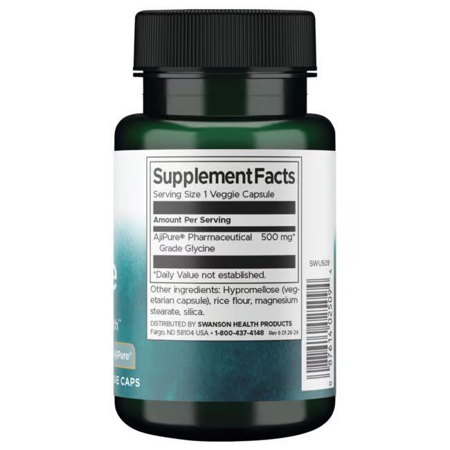 Swanson's Glycine supplement, available in a bottle labeled with supplement facts, contains 500 mg of Ajipure pharmaceutical-grade glycine per capsule. This amino acid is reputed for its potential benefits in improving sleep quality.