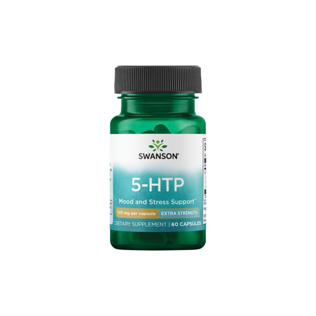 A green bottle, "Swanson 5-HTP Extra Strength," contains 60 capsules with 100 mg of a serotonin precursor per capsule, enriched with Griffonia simplicifolia.