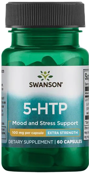 Eine Flasche Swanson 5-HTP Extra Strength - 100 mg 60 Kapseln zur Unterstützung von Stimmung und Stress.