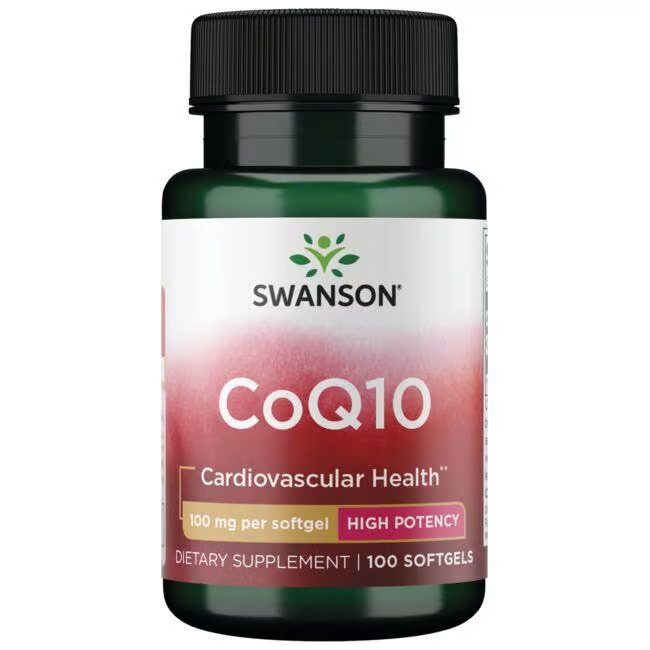 Swanson's CoQ10 100 mg High Potency supplement, known for its antioxidant benefits, supports cardiovascular and heart health and comes in a bottle containing 100 softgels.