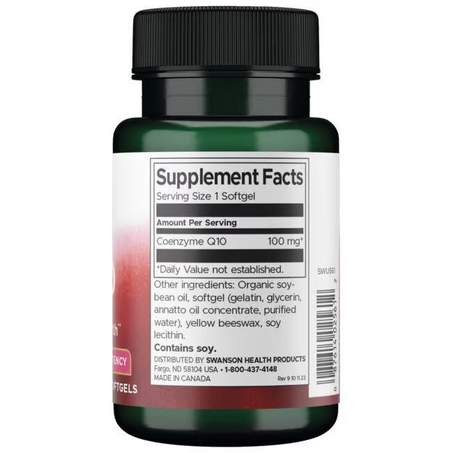 Swanson's CoQ10 100 mg 100 Softgels is a high-potency dietary supplement made in Canada, known for promoting heart health and offering antioxidant benefits. The label lists supplement facts and ingredients. Contains soy.