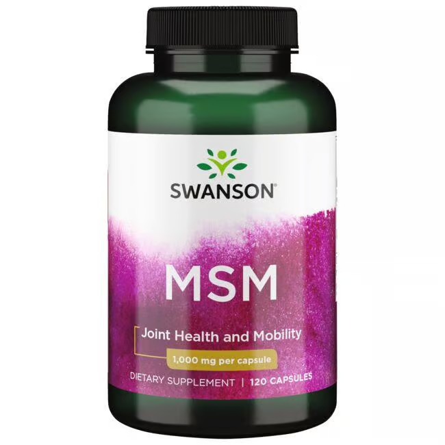 Swanson's MSM 1000 mg supplement features TruFlex® MSM in 120 capsules, supporting joint health and mobility.