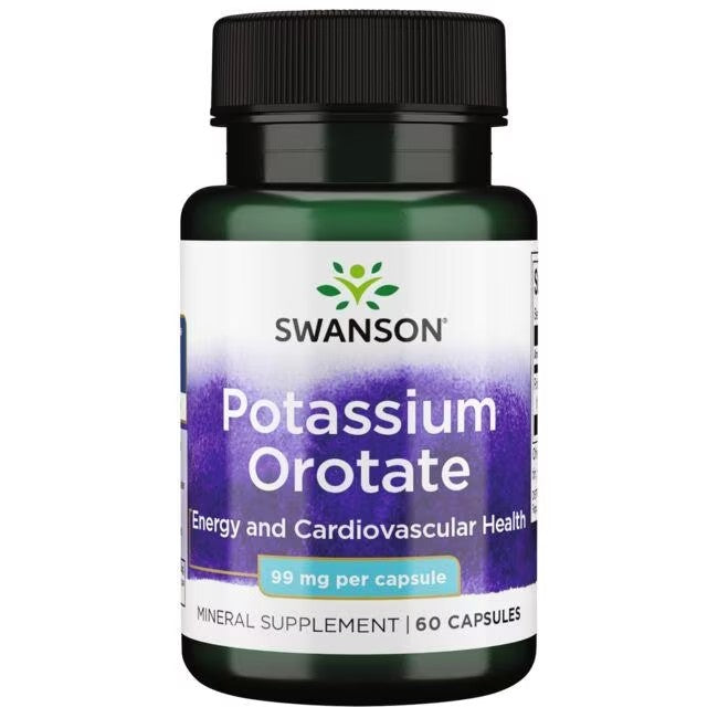 A bottle of Potassium Orotate 99 mg 60 Capsules by Swanson, aimed at supporting energy, cardiovascular health, and electrolyte balance.