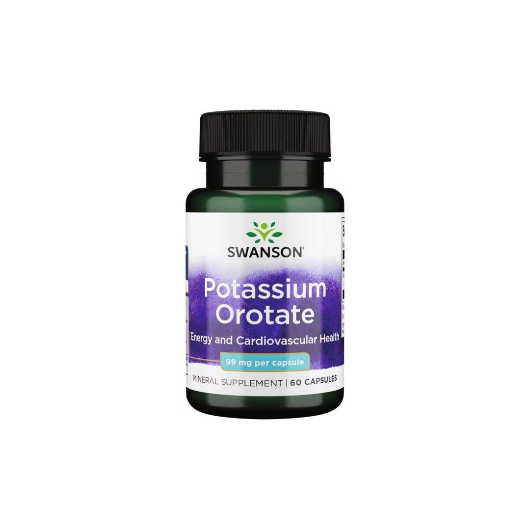A bottle of Swanson Potassium Orotate 99 mg 60 Capsules, a mineral supplement for energy, heart health, and cardiovascular wellness, containing 60 capsules and 99 mg per capsule to promote optimal electrolyte balance.