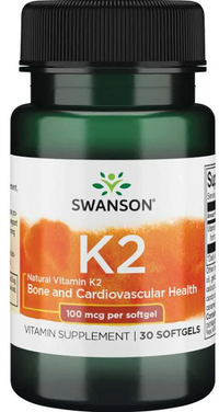 Thumbnail for A bottle of Swanson Vitamin K2 - MK-7 - 100 mcg 30 softgels, known for promoting healthy bones and combating osteoporosis.