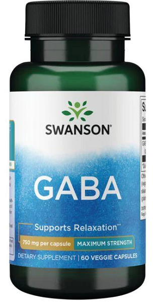A bottle of Swanson GABA - 750 mg 60 Veggie Capsules dietary supplement, promoting relaxation and sleep with 750 mg per capsule.