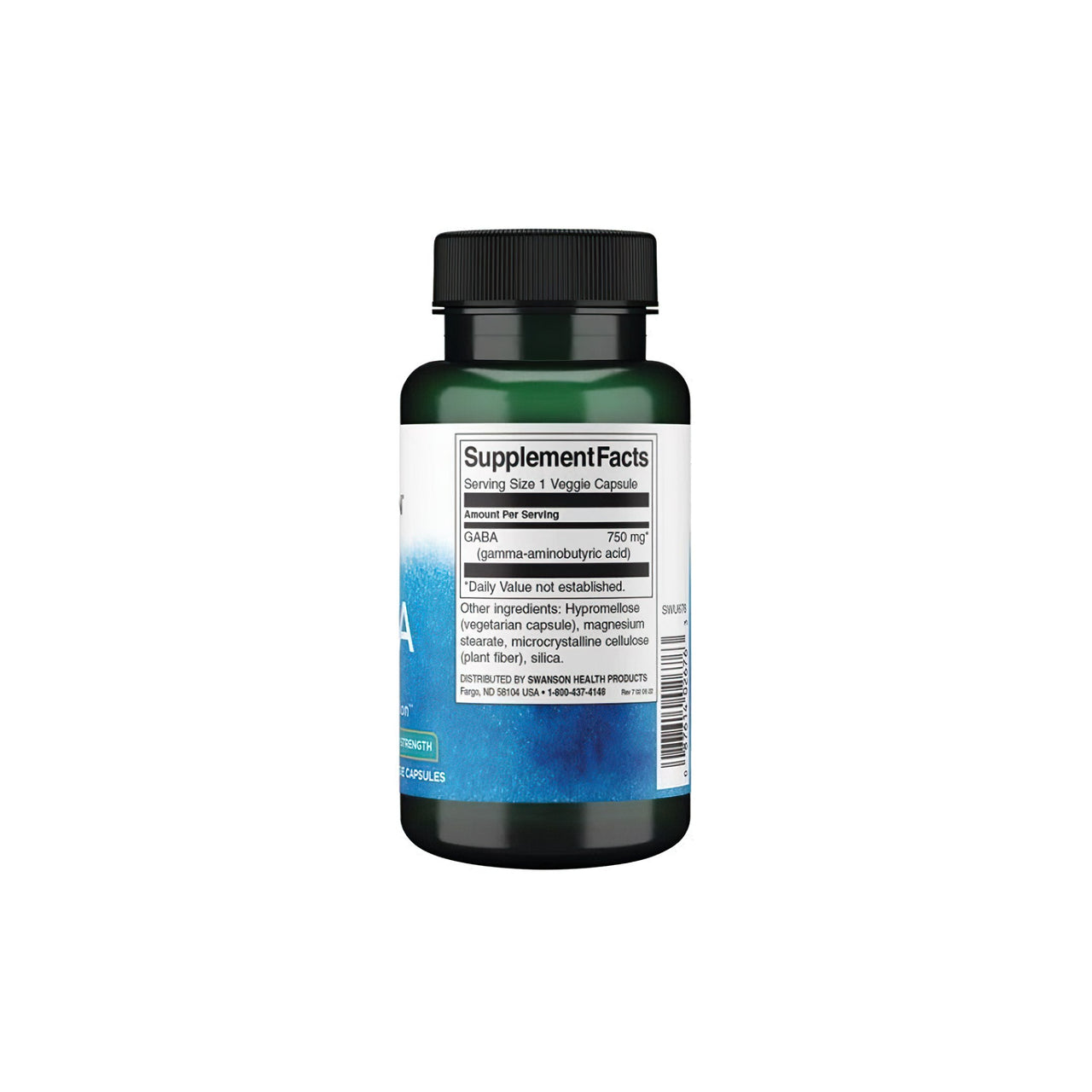 Bottle of Swanson GABA - 750 mg 60 Veggie Capsules with label displaying ingredients, supplement facts, and GABA for sleep and relaxation.