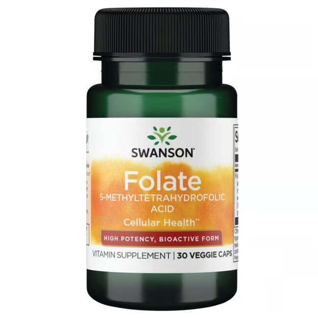 Explore Swanson's Folate 5-MTHF dietary supplement with advanced Quatrefolic technology, designed to support cellular health. Each bottle contains 30 capsules of 800 mcg 5-methyltetrahydrofolic acid, perfect for enhancing your prenatal vitamin regimen.