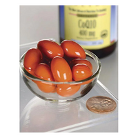 Thumbnail for A small glass bowl filled with glossy red capsules, shown next to a penny for scale, sits in front of Swanson Coenzyme Q10 400 mg 30 Softgels bottle, emphasizing its benefits for energy production and cardiovascular health.