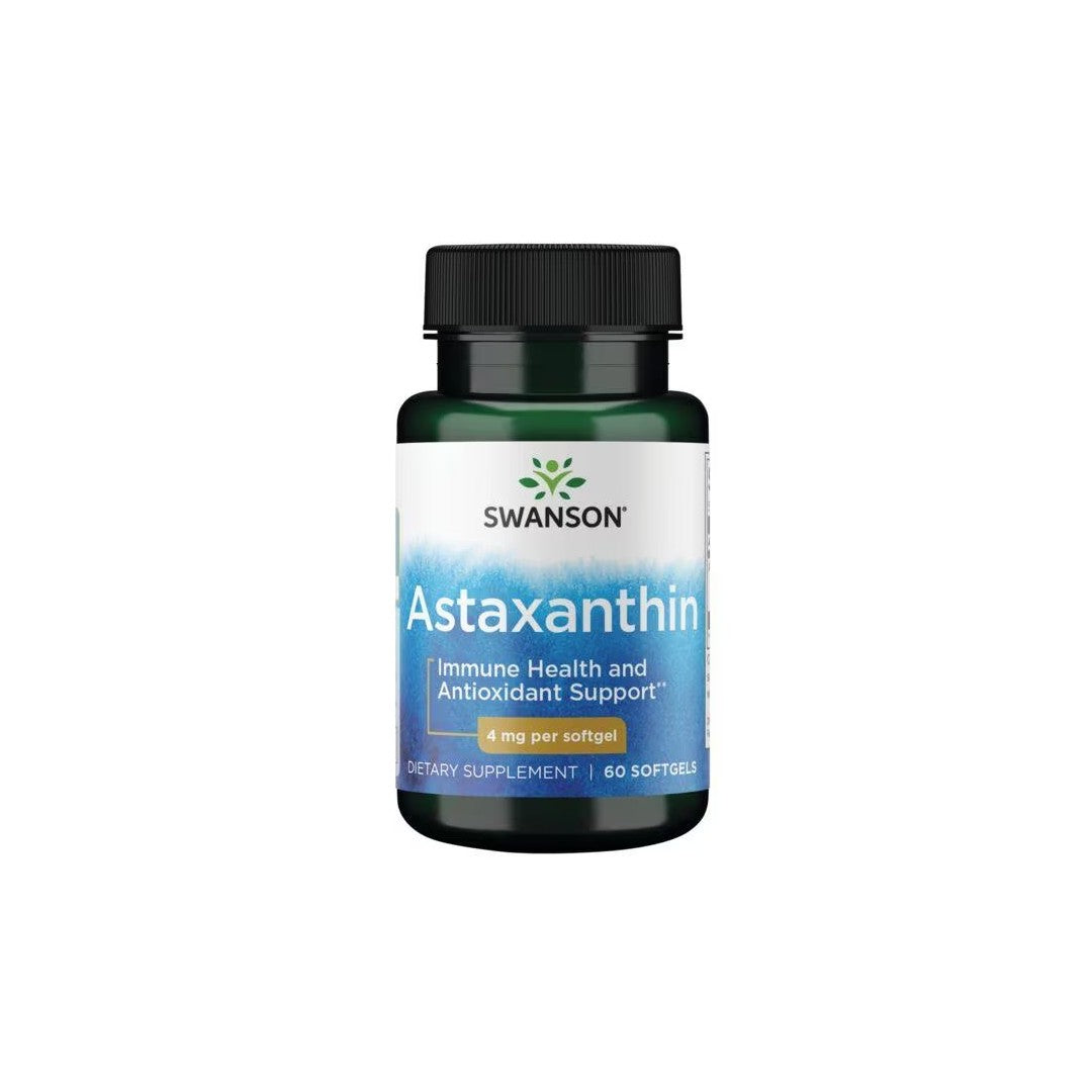A bottle of Swanson Astaxanthin 4 mg 60 Softgels, designed to support the immune system and provide antioxidant benefits, containing 4 mg per softgel.