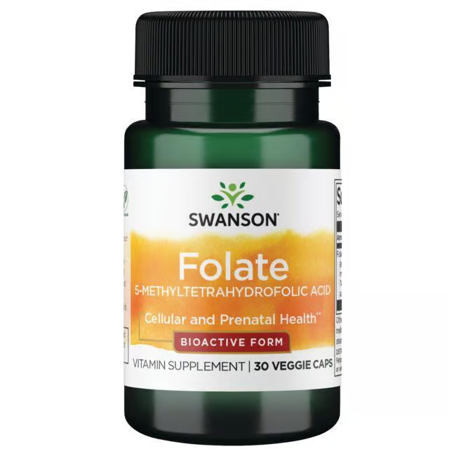 Swanson Folate 5-MTHF, at 400 mcg per capsule, comes in a bottle of 30 veggie capsules designed to support cellular and prenatal health, making it ideal during pregnancy.