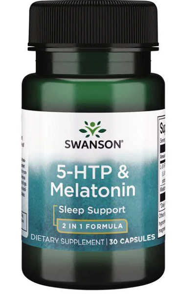 Bottle of Swanson 5-HTP 50 mg & Melatonin 3 mg dietary supplement, 30 capsules.