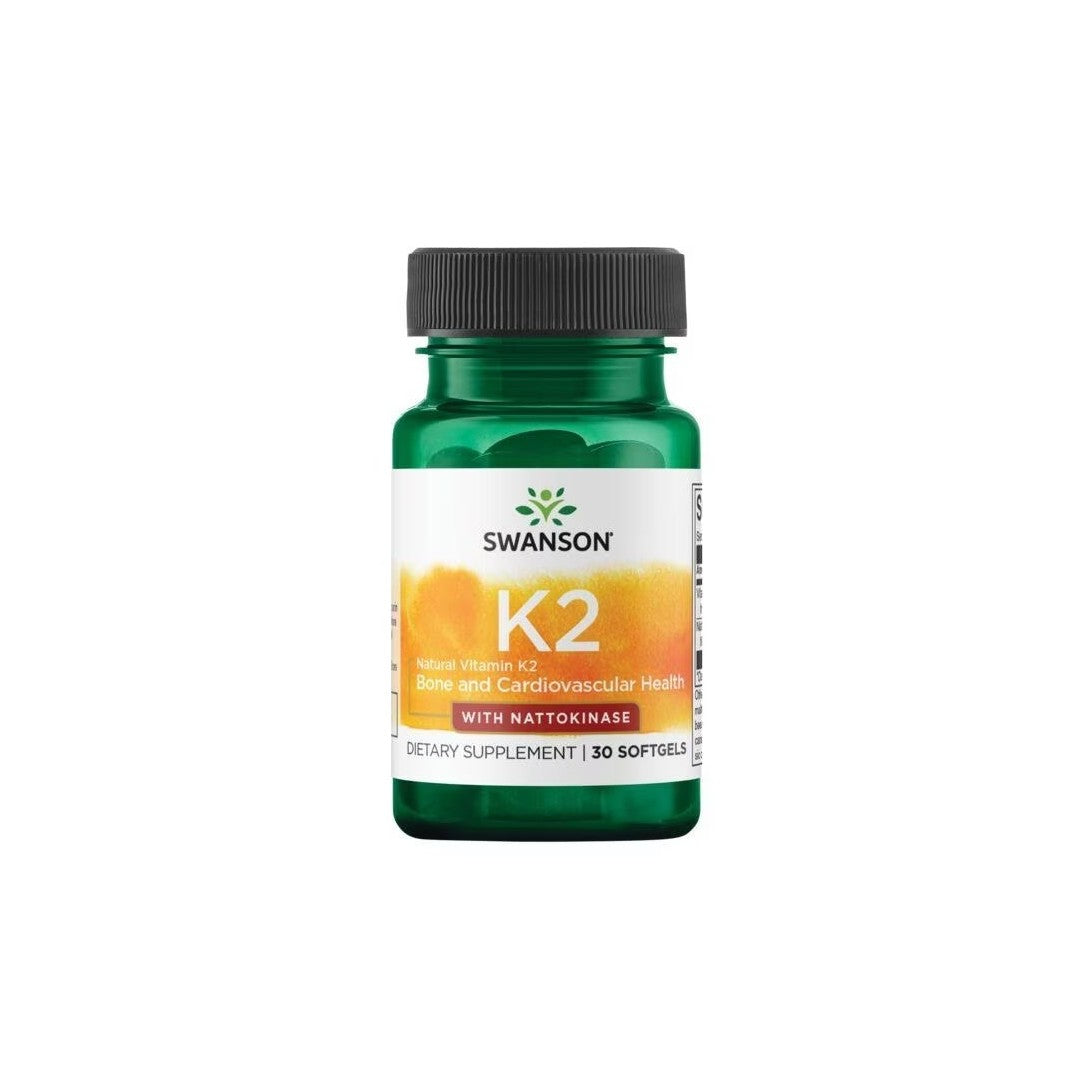 A bottle of Swanson Vitamin K2 50 mcg - with Nattokinase 100 mg 30 Softgels for bone and cardiac health. Contains 30 softgels.