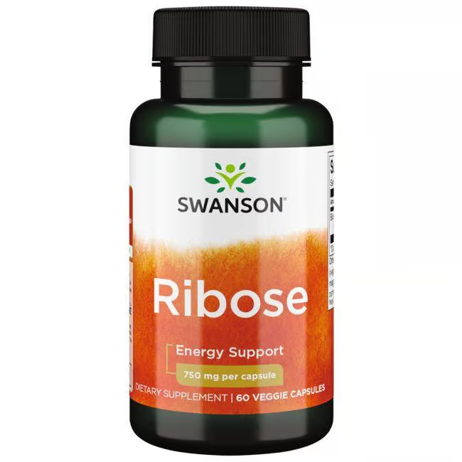 Swanson Ribose dietary supplement offers energy support with each capsule containing 750 mg of Bioenergy Ribose, designed to enhance energy production. Each bottle includes 60 veggie capsules.