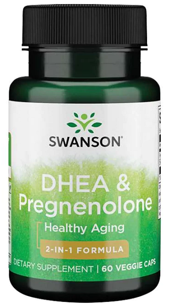 Bottle of Swanson DHEA - 25 mg and Pregnenolone - 100 mg Complex supplement for healthy ageing, 2-in-1 formula, dietary supplement with 60 capsules.