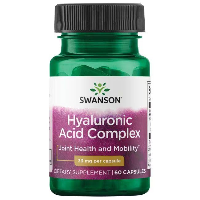 A green bottle of Hyaluronic Acid Complex 33 mg 60 Capsules from Swanson, labeled for joint health and skin hydration.