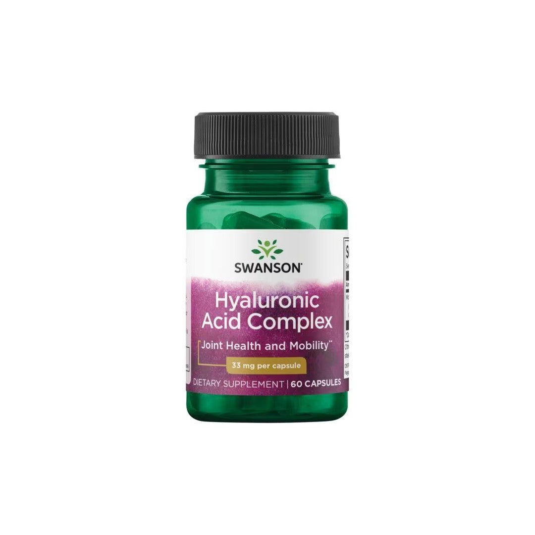 A green bottle labeled "Swanson Hyaluronic Acid Complex 33 mg 60 Capsules," containing 60 capsules with 33 mg of hyaluronic acid per capsule, designed for joint health and mobility as well as skin hydration.