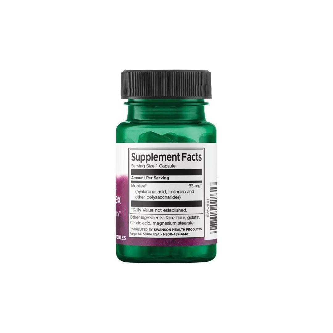 A green bottle of supplements featuring a white label with supplement facts, highlighting contents like Hyaluronic Acid Complex 33 mg 60 Capsules by Swanson for skin hydration, collagen, and other polysaccharides. The bottle is topped with a black cap.