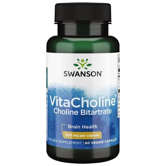 A bottle of Swanson VitaCholine Choline Bitartrate 300 mg 60 Veggie Capsules, labeled for brain health and liver health.