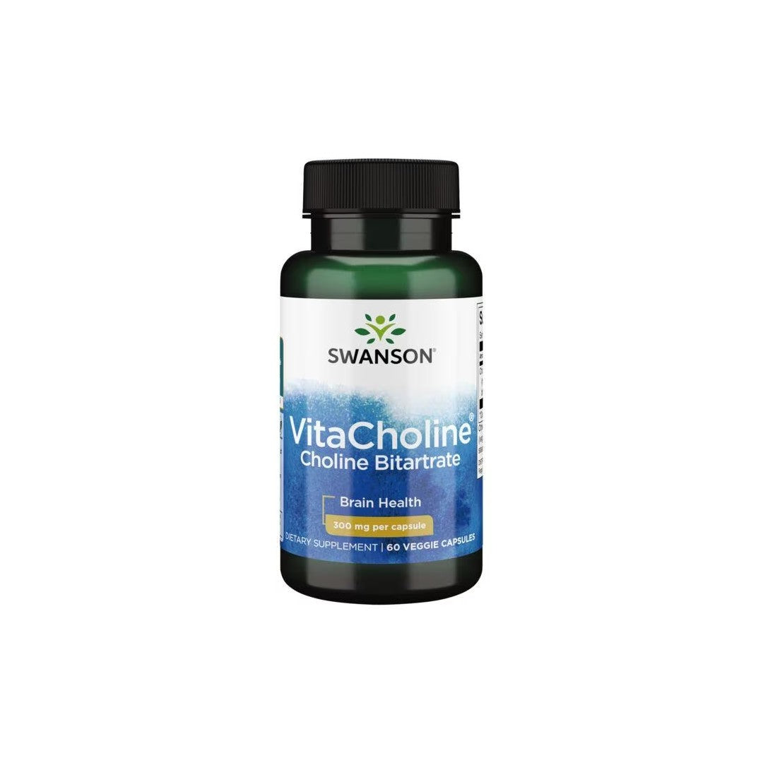 A bottle of Swanson VitaCholine Choline Bitartrate 300 mg 60 Veggie Capsules, labeled for brain health and liver health.