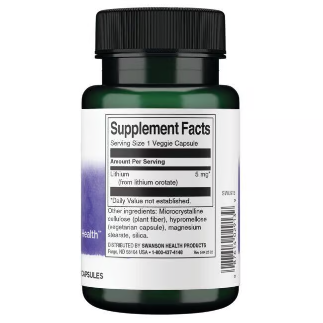 A green bottle from Swanson, labeled "Lithium Orotate 5 mg 60 Veggie Capsules," features a Supplement Facts label and highlights its role in supporting mood stabilization and emotional health.