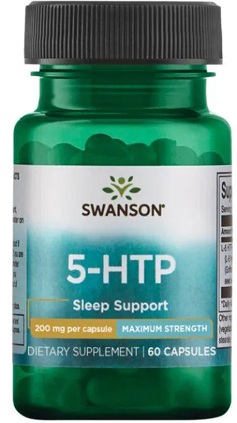 Eine Flasche Swanson 5-HTP Maximum Strength 200 mg 60 Kapseln unterstützt.