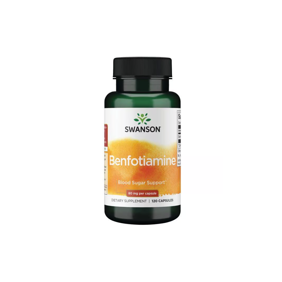 Swanson's Benfotiamine (Vitamin B1) 80 mg supplement, featuring 120 capsules, is expertly crafted to support optimal blood sugar levels, utilizing the benefits of benfotiamine to boost your daily wellness routine.