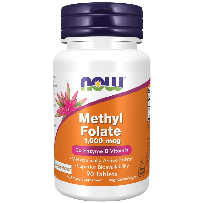 A bottle of Now Foods Methyl Folate 1000 mcg dietary supplements, perfect for pregnant women, emphasizing its vegetarian/vegan suitability and containing 90 tablets.