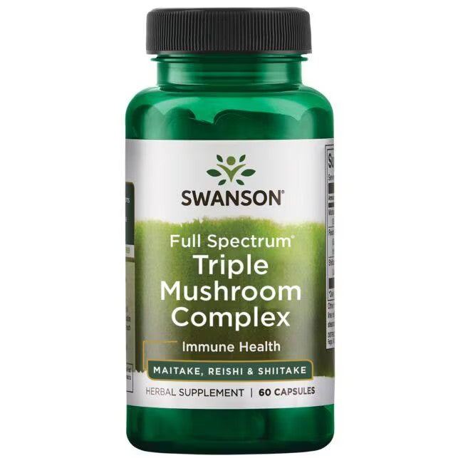 A bottle of Swanson Full Spectrum Triple Mushroom Complex 60 Capsules supplements, labeled for immune support, containing 60 capsules.