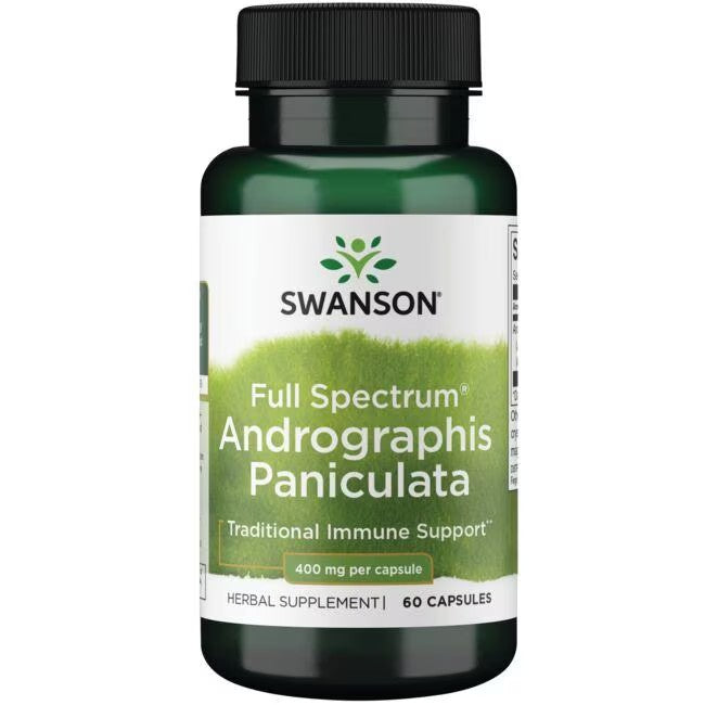 A bottle of Swanson Andrographis Paniculata 400 mg supplement, labeled as providing traditional immune system support, containing 60 capsules.