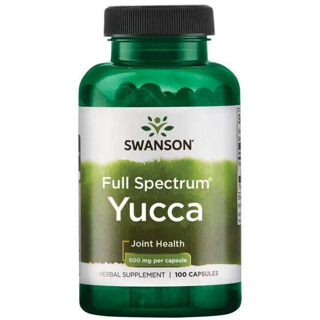 A green bottle labeled "Swanson Full Spectrum Yucca 500 mg 100 Capsules" containing a herbal supplement designed for joint health support.